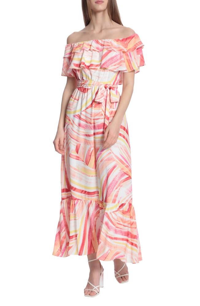 DONNA MORGAN FOR MAGGY Mix Stripe Off the Shoulder Maxi Dress in Soft White/Coral Cover