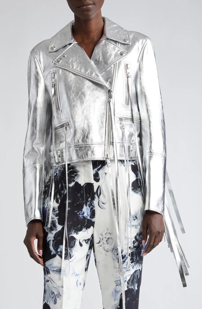 Alexander McQueen Fringe Metallic Leather Biker Jacket in Silver Cover