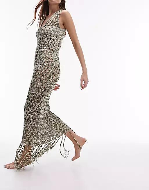 Topshop knitted maxi beach dress in khaki and cream-Multi Cover