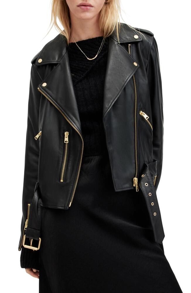 AllSaints Balfern Belted Leather Biker Jacket in Black/Gold Cover