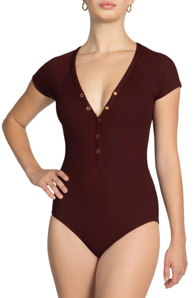 Robin Piccone Amy Plunge Neck Cap Sleeve One-Piece Swimsuit in All Spice Cover