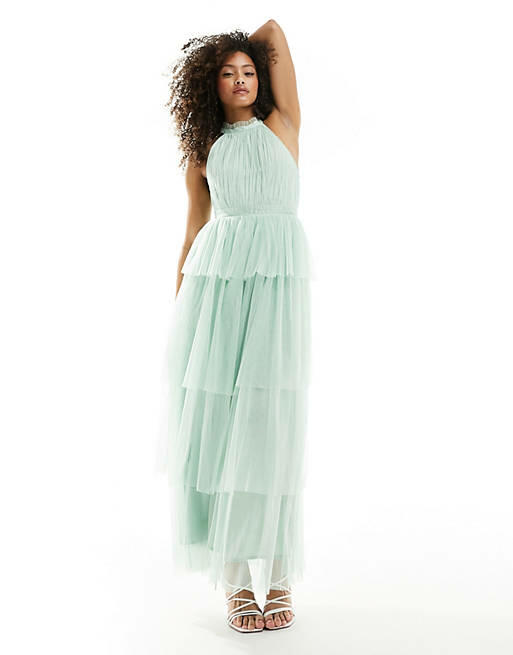 Vila Bridesmaid halterneck tulle maxi dress with tiered skirt in mint green Cover