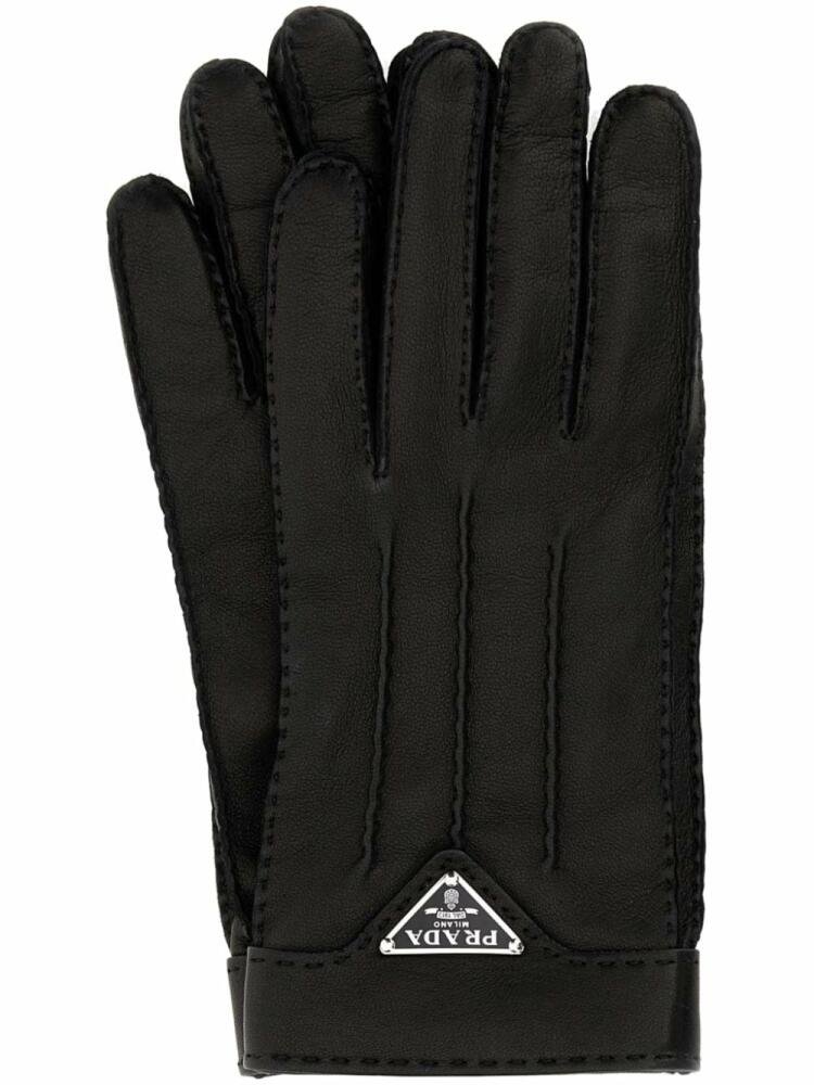 Prada enamel-logo leather gloves - Black Cover