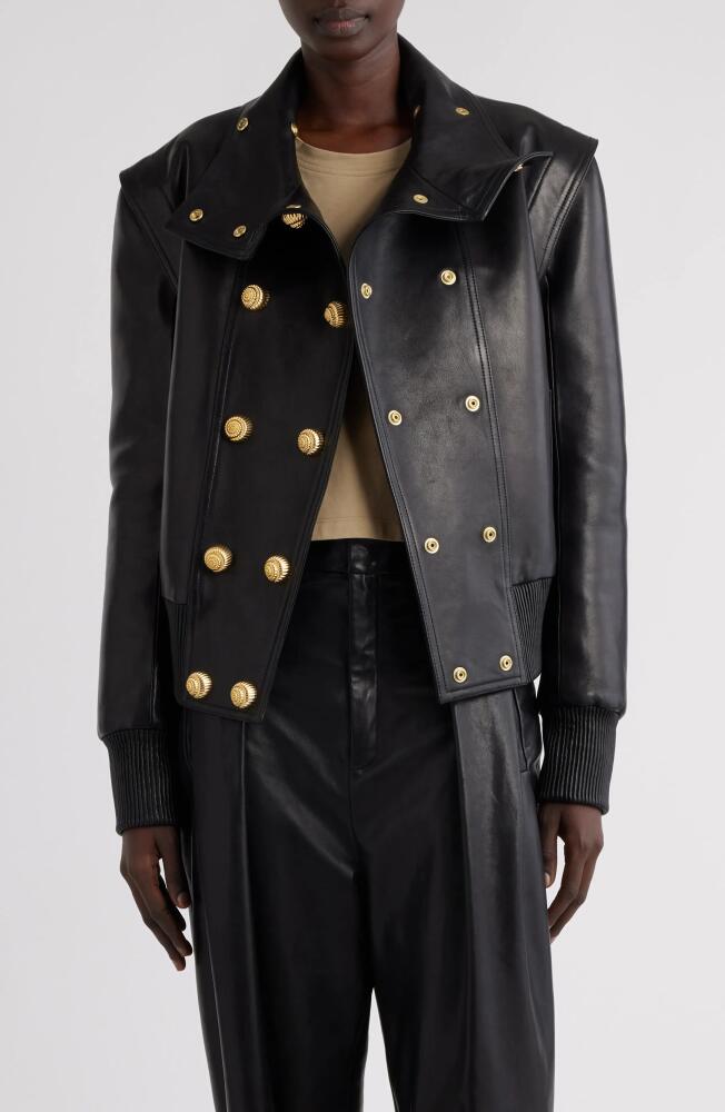 Balmain High Collar Lambskin Bomber Jacket in Black Cover