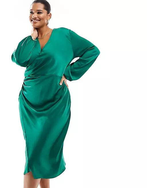 Flounce London Plus wrap midi dress in emerald green Cover