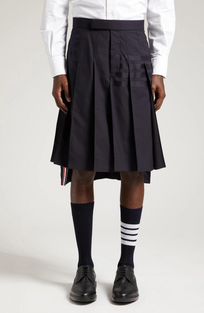 Thom Browne 4-Bar Pleated Back Strap High-Low Wool Skirt in Dark Blue Cover