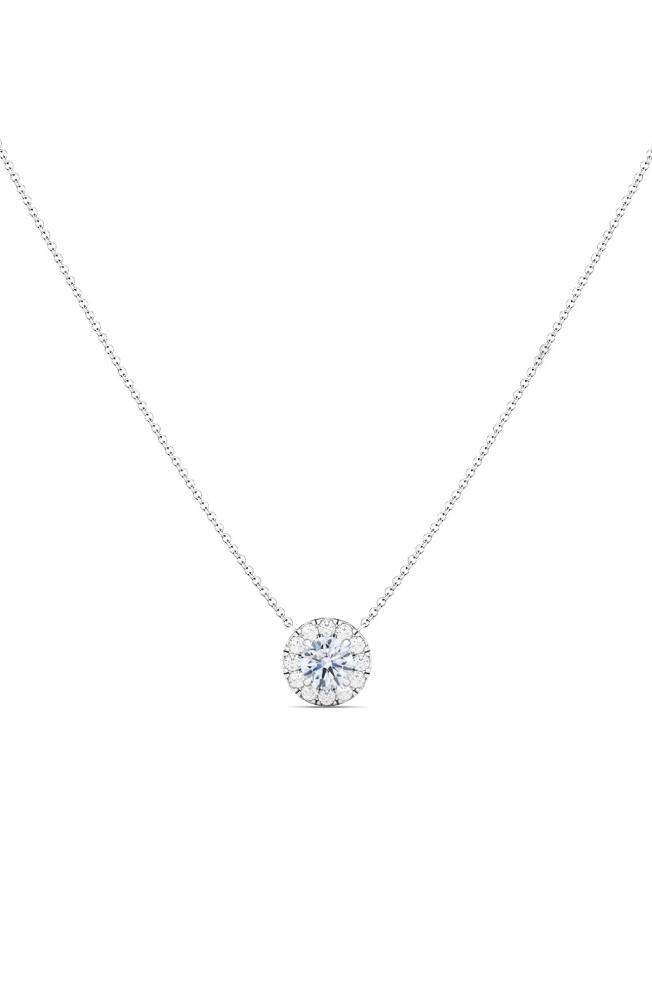 HauteCarat Round Brilliant Halo Lab Created Diamond Pendant Necklace in 18K White Gold Cover