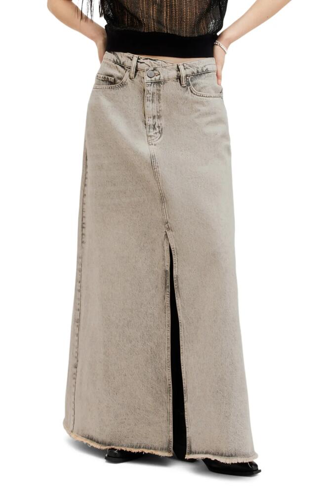 AllSaints Noir Asymmetric Waist Denim Maxi Skirt in Sand Grey Cover