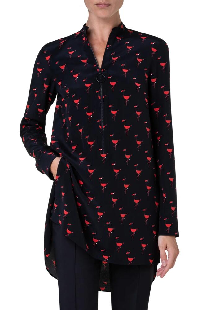 Akris punto Flamingo Print Silk Crêpe de Chine Shirt in Black-Red Cover