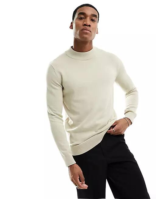 Selected Homme mock neck knit sweater in beige-Neutral Cover