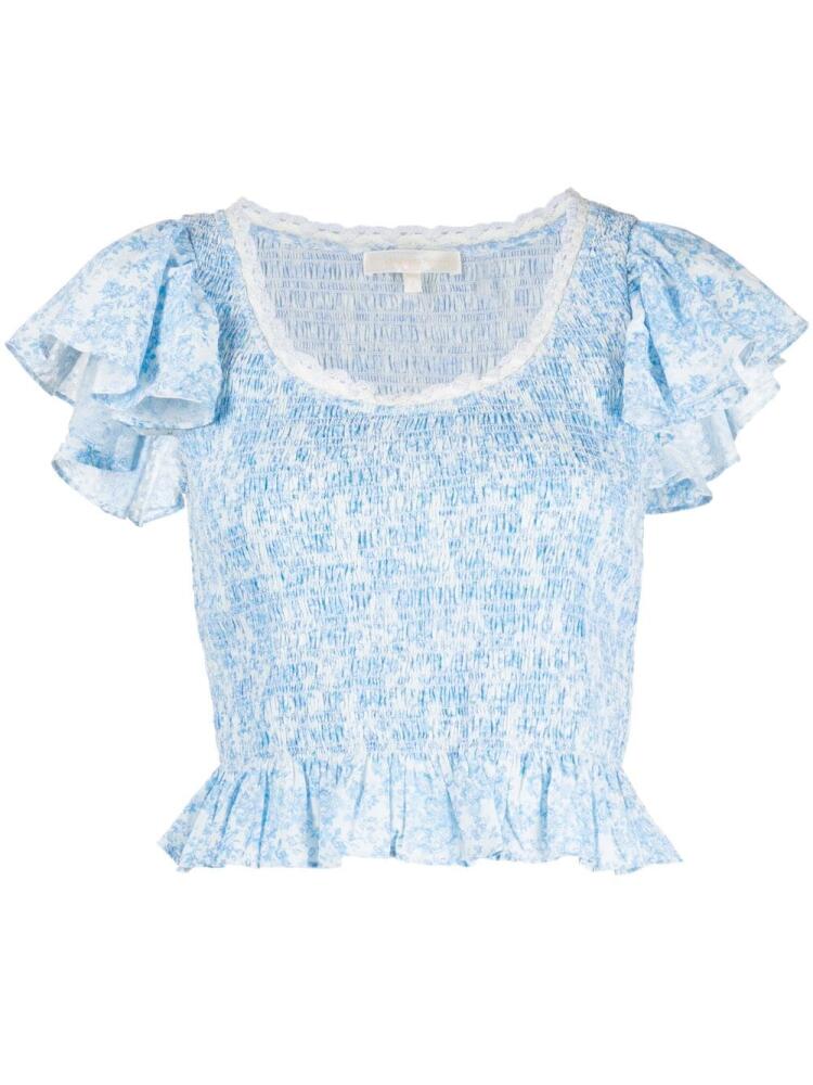 LoveShackFancy Milta smocked-effect printed top - Blue Cover