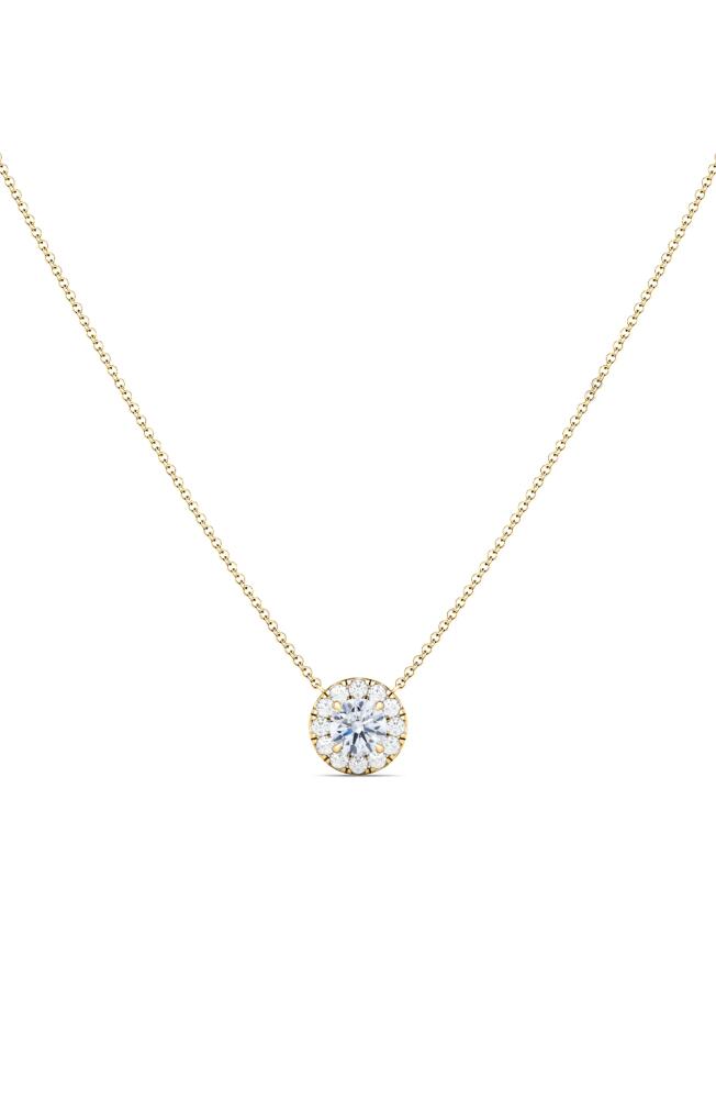 HauteCarat Round Brilliant Halo Lab Created Diamond Pendant Necklace in 18K Yellow Gold Cover