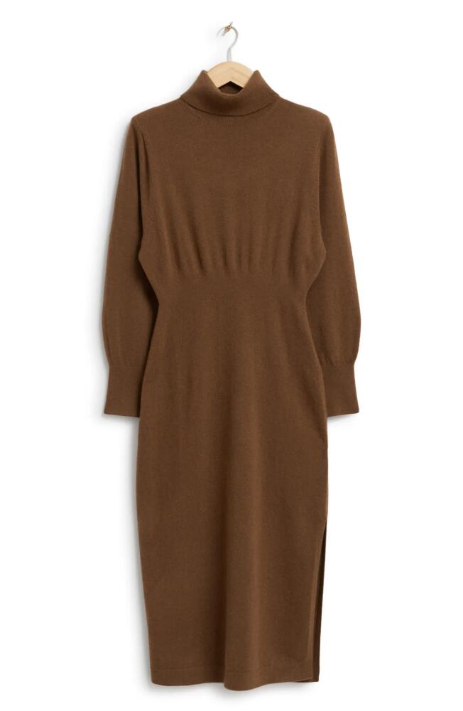 & Other Stories Long Sleeve Padded Shoulder Turtleneck Wool Sweater Dress in Brown Cover