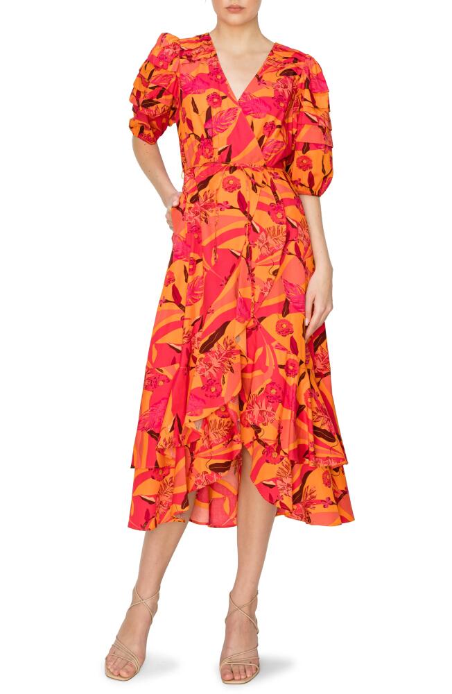 MELLODAY Poplin Floral Midi Wrap Dress in Orange Multi Cover