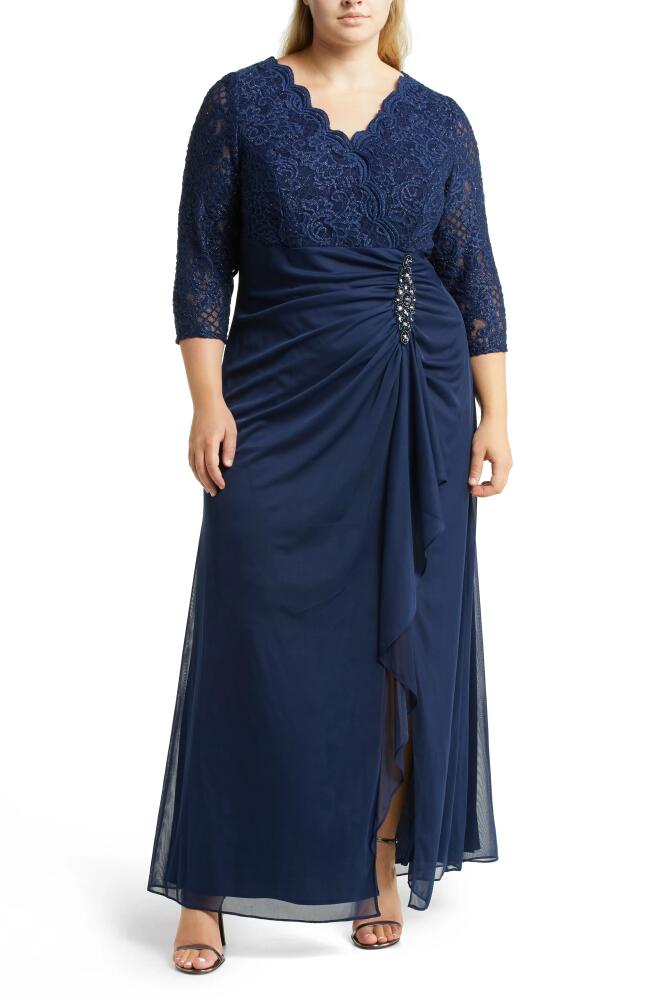 Alex Evenings Beaded Lace Bodice Empire Waist Gown in Navy Cover