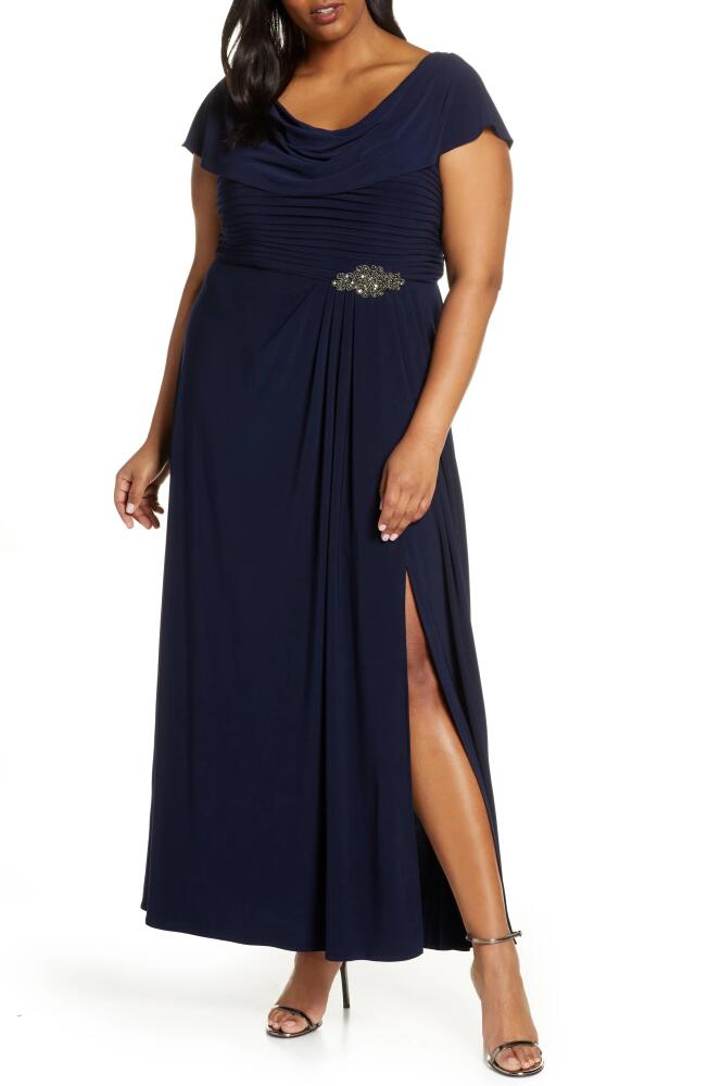 Alex Evenings Cowl Neck Beaded Waist Gown in Navy Cover