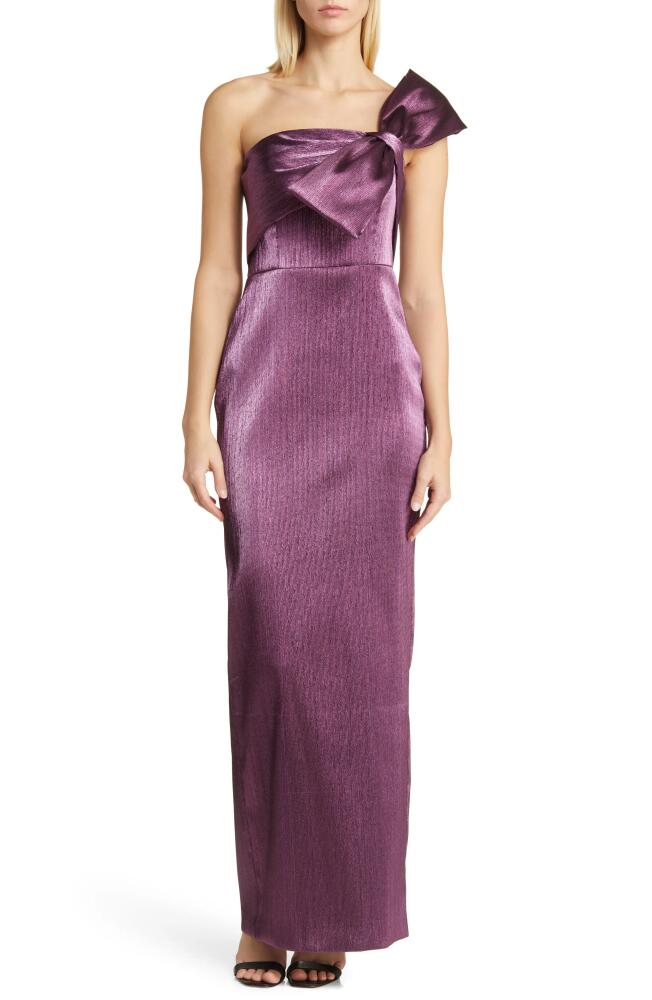 Black Halo Bisella Bow Metallic One-Shoulder Gown in Purple Passion Cover