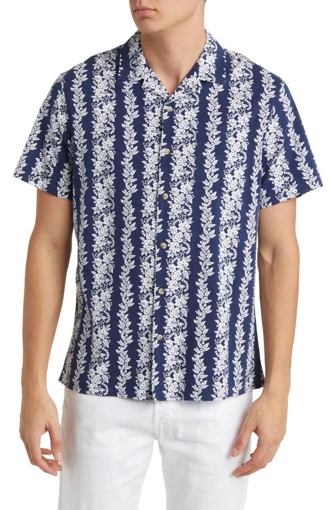 Fair Harbor The Casablanca Floral Stretch Organic Cotton Blend Short Sleeve Button-Up Shirt in Navy Tropical Bandana Cover