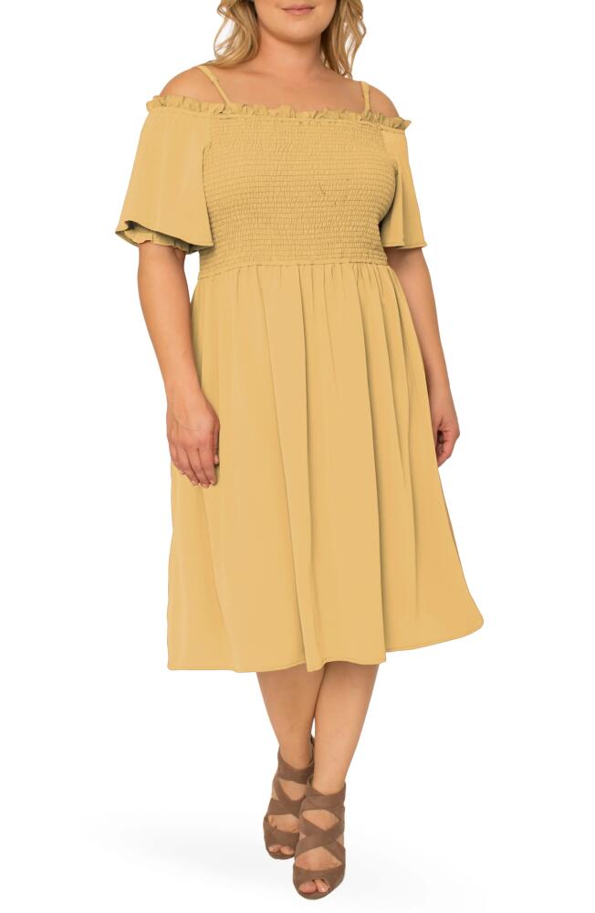 Standards & Practices Gabi Cold Shoulder Smocked Midi Dress in Pale Banana Cover