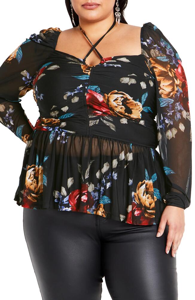 City Chic Floral Mesh Peplum Top in Dark Late Bloom Cover