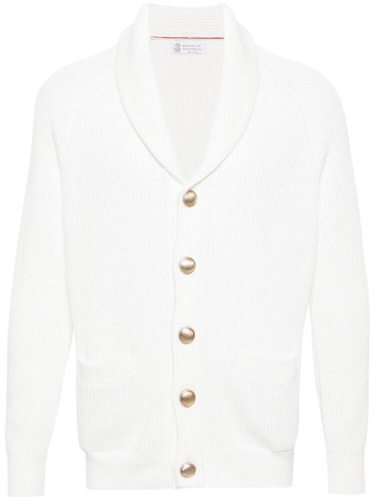 Brunello Cucinelli logo-embossed buttons ribbed-knit cardigan - White Cover