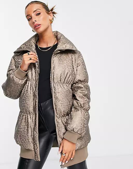 French Connection padded coat in gold leopard print Cover