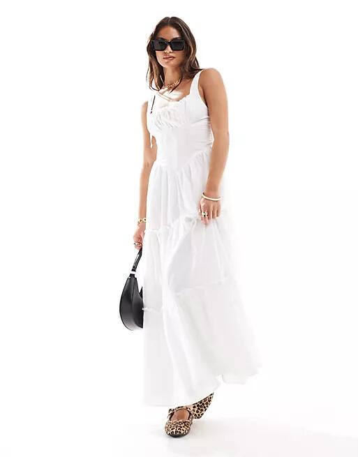 Bershka milkmaid cotton maxi dress in white Cover