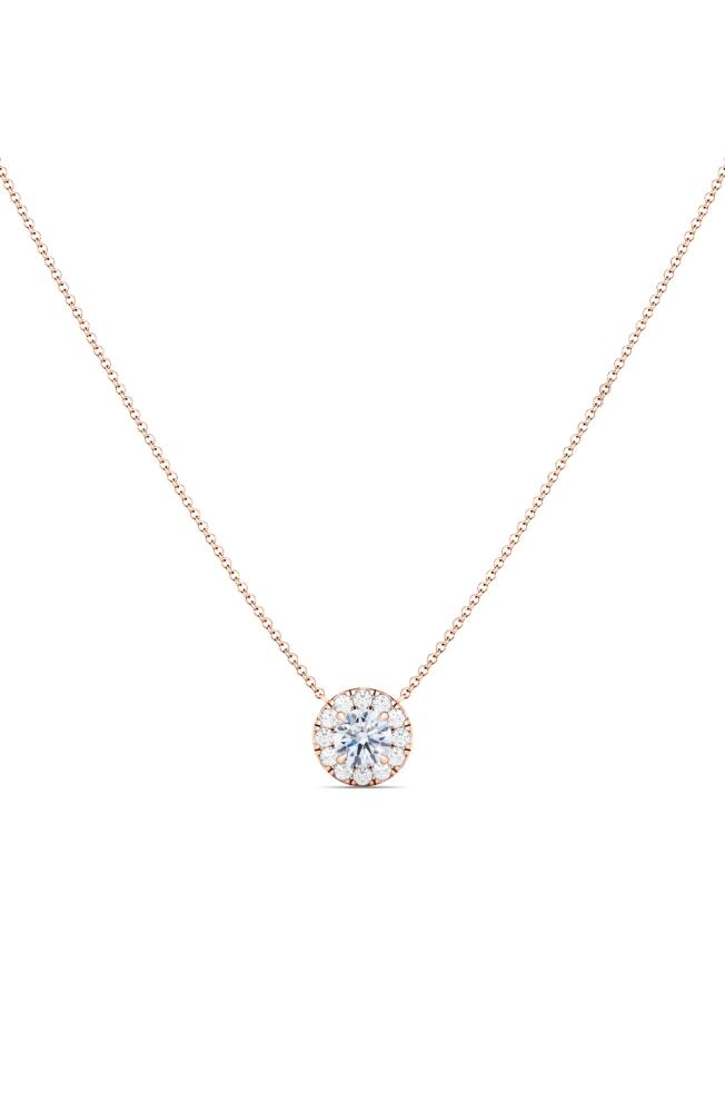 HauteCarat Round Brilliant Halo Lab Created Diamond Pendant Necklace in 18K Rose Gold Cover