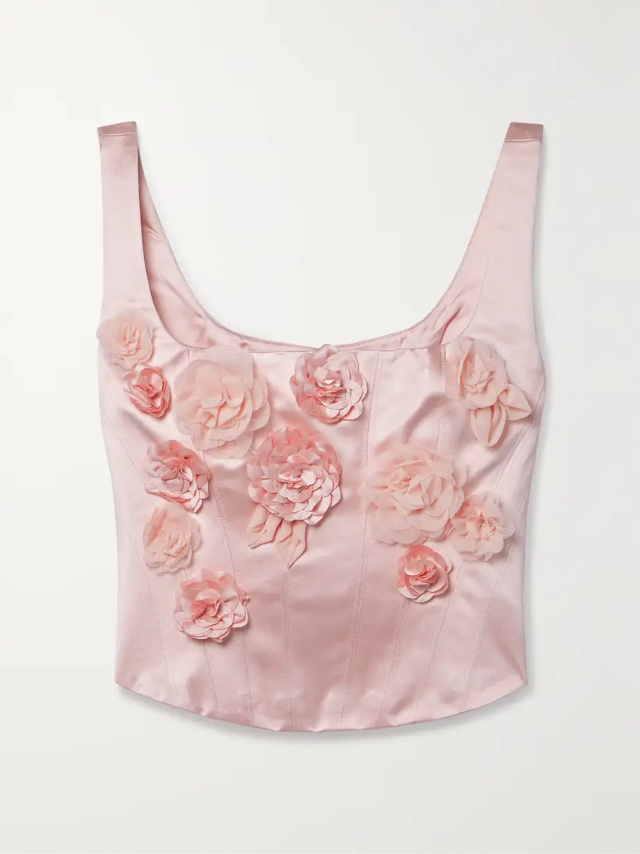 LoveShackFancy - Lorelai Cropped Appliquéd Satin Bustier Top - Pink Cover