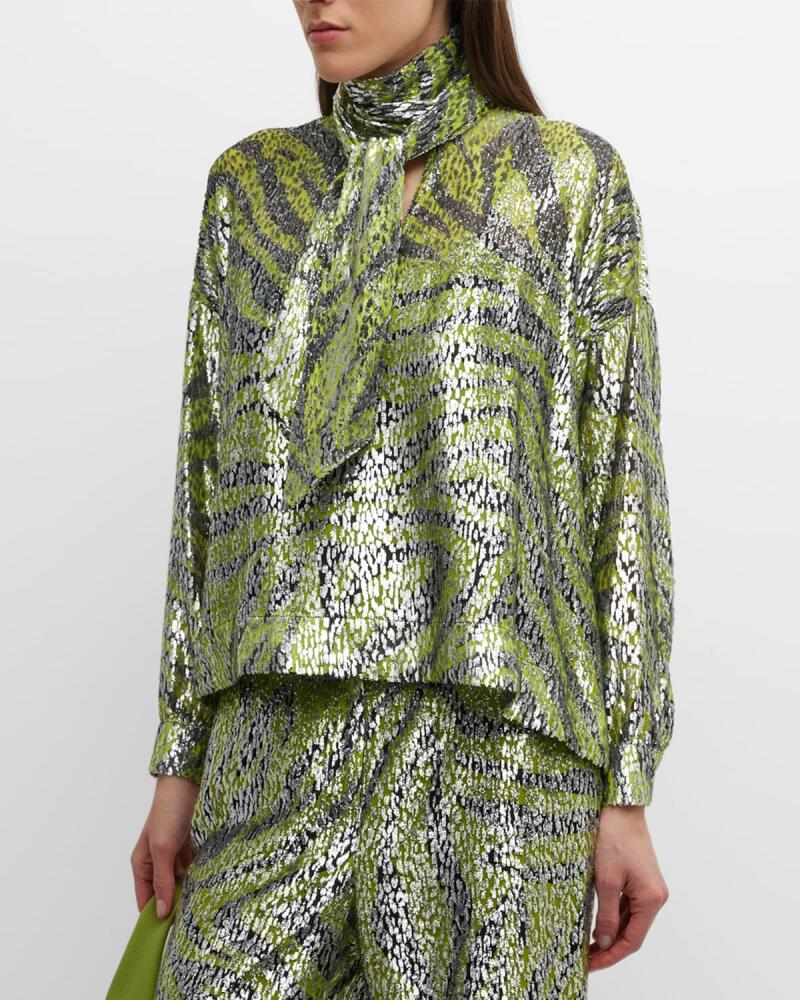 Libertine Zebra-Print Metallic Velvet Scarf-Neck Blouse Cover