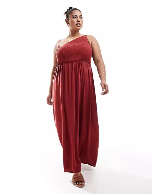 4th & Reckless Plus exclusive linen mix shirred one shoulder drop waist maxi dress in washed red Cover