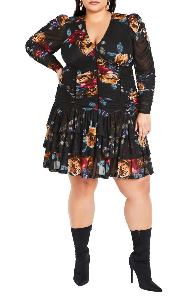 City Chic Floral Long Sleeve Minidress in Dark Late Bloom Cover