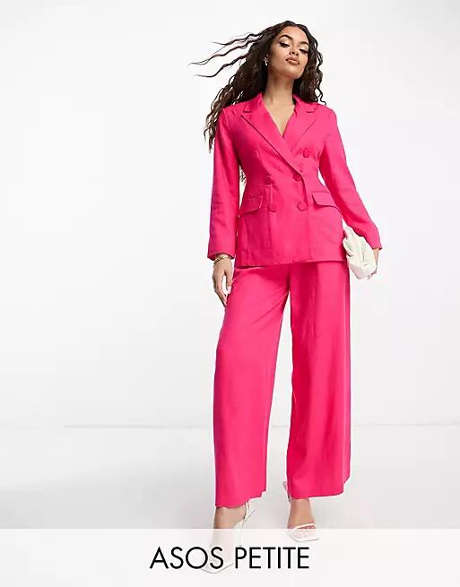 ASOS DESIGN Petite double breasted linen mix suit blazer in hot pink Cover