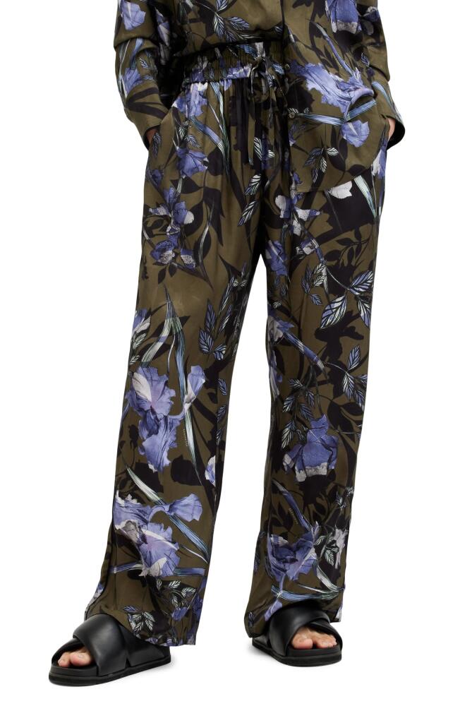 AllSaints Tyler Batu Floral Print Wide Leg Pants in Deep Khaki Green Cover