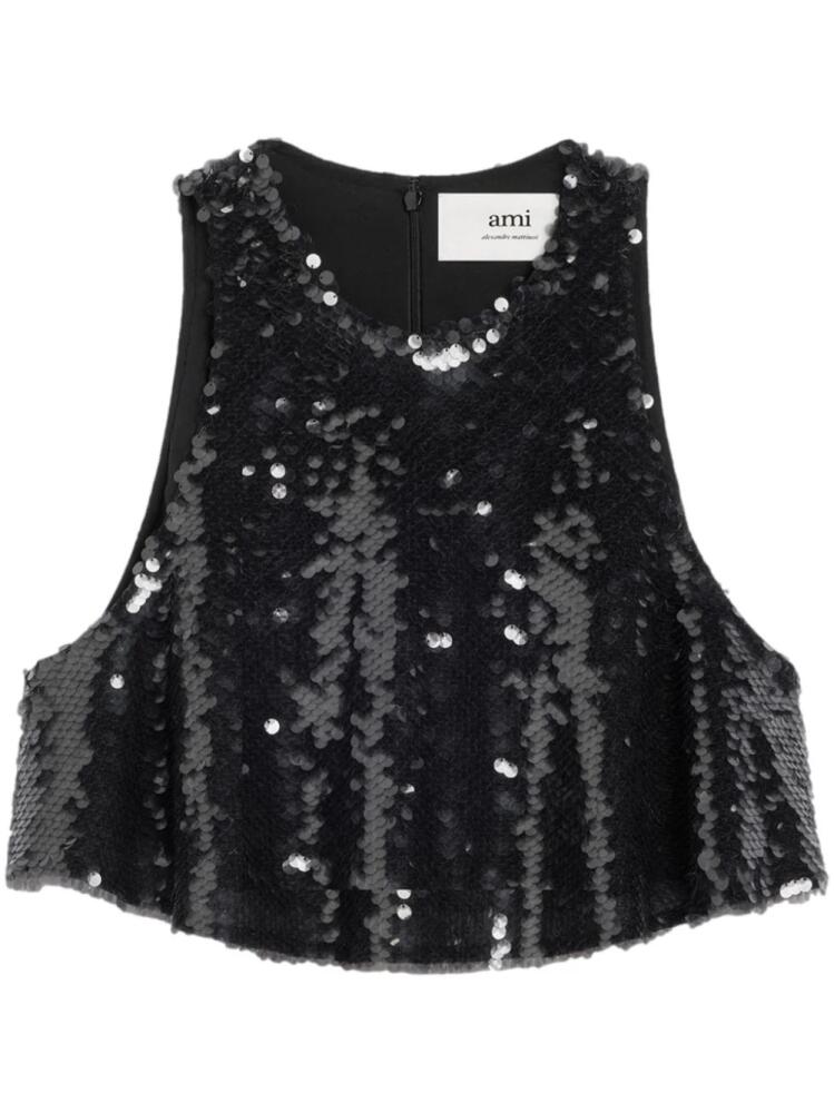 AMI Paris sequin-embellished silk crop top - Black Cover