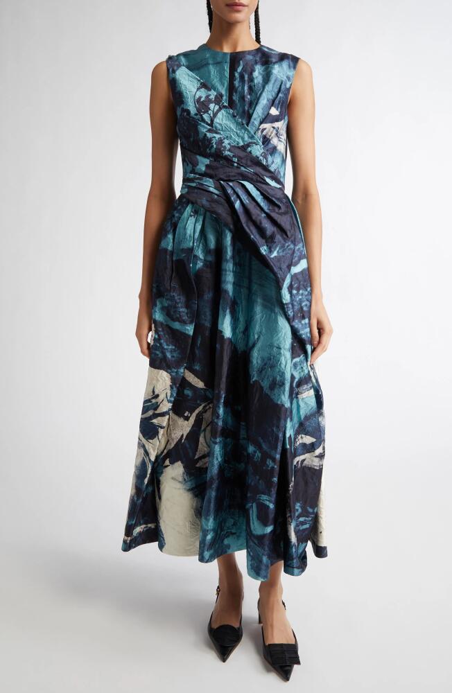 Erdem Amneris Print Metallic Crinkle Satin Fit & Flare Dress in Amneris Paint Eggshell Cover