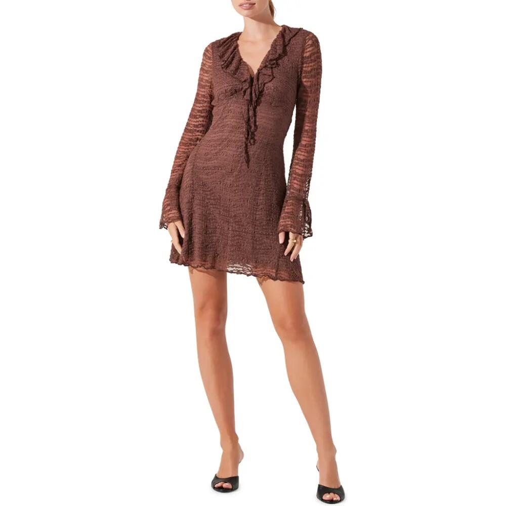 ASTR the Label Ruffle Long Sleeve Stretch Lace Minidress in Chocolate Brown Cover