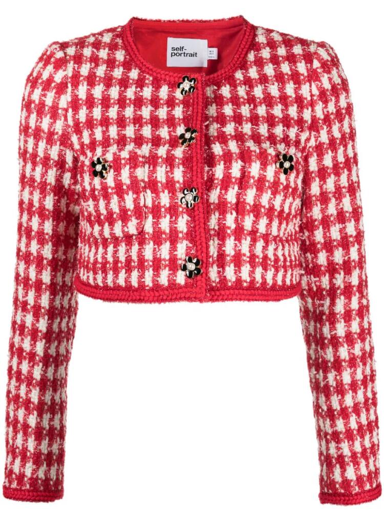 Self-Portrait checked bouclé cropped jacket - Red Cover