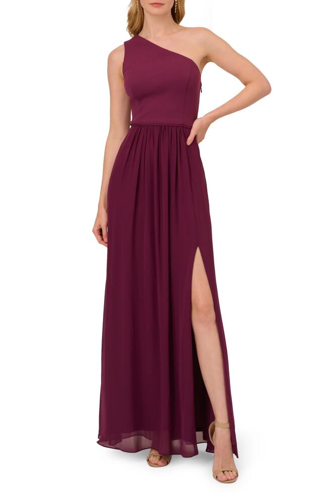 Adrianna Papell One-Shoulder Crepe Chiffon Gown in Cassis Cover