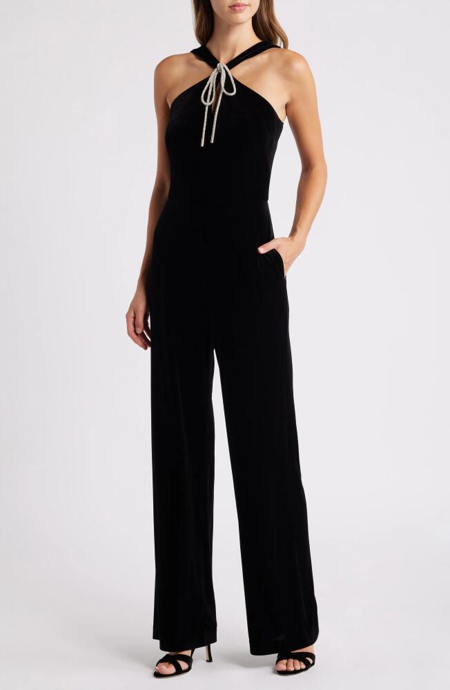 Eliza J Rhinestone Tie Neck Wide Leg Velvet Jumpsuit in Black Cover