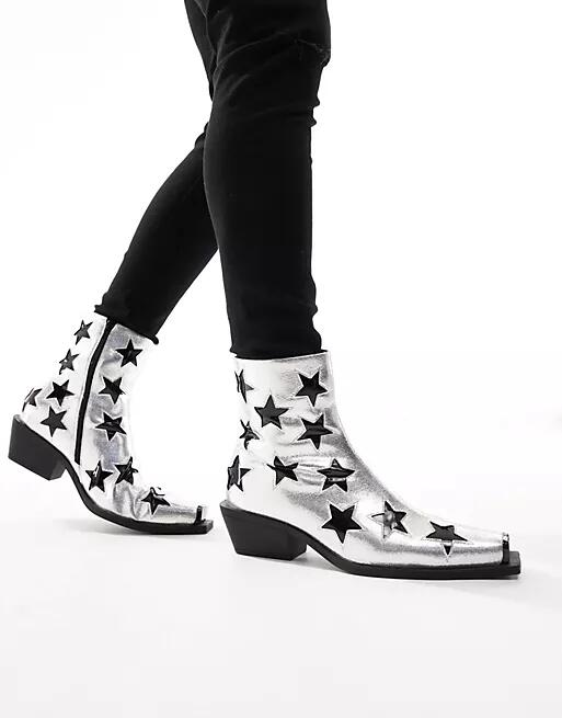 ASOS DESIGN cuban heeled boots in silver faux leather with star details Cover