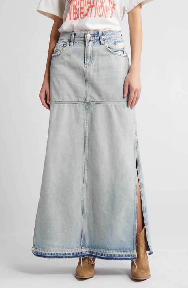 Re/Done Mid Rise Organic Cotton Denim Maxi Skirt in Ripped Tide Cover