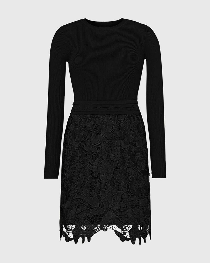 Milly Katie Ribbed Knit & Floral Lace Mini Dress Cover