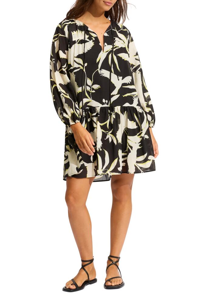 Seafolly Birds of Paradise Tiered Long Sleeve Cotton Cover-Up Dress in Black Cover