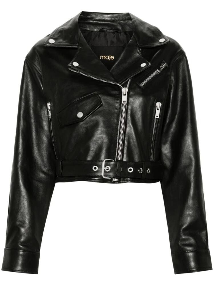 Maje belted cropped leather jacket - Black Cover