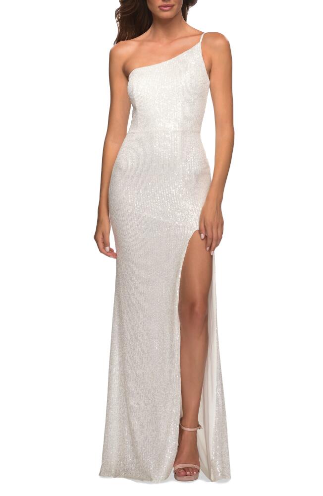 La Femme One-Shoulder Sequin Jersey Gown in White Cover