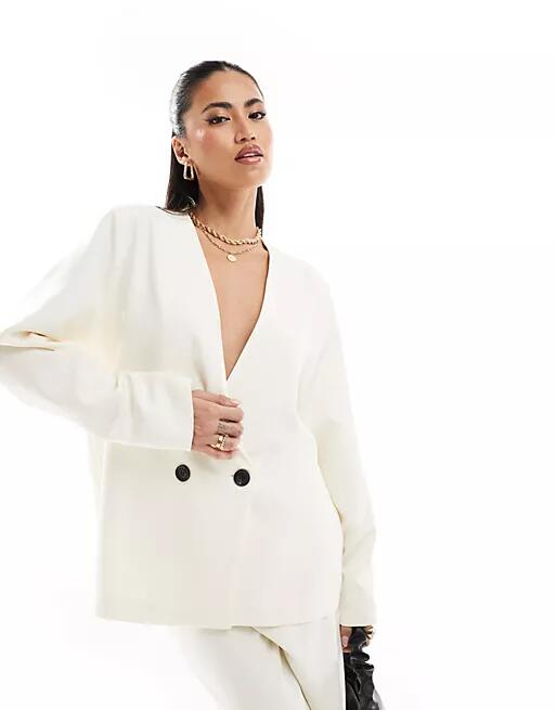 Kaiia dropped shoulder double breasted blazer in ecru - part of a set-White Cover