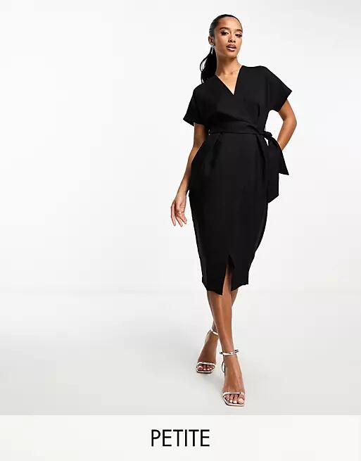 Closet London Petite kimono wrap dress in black Cover