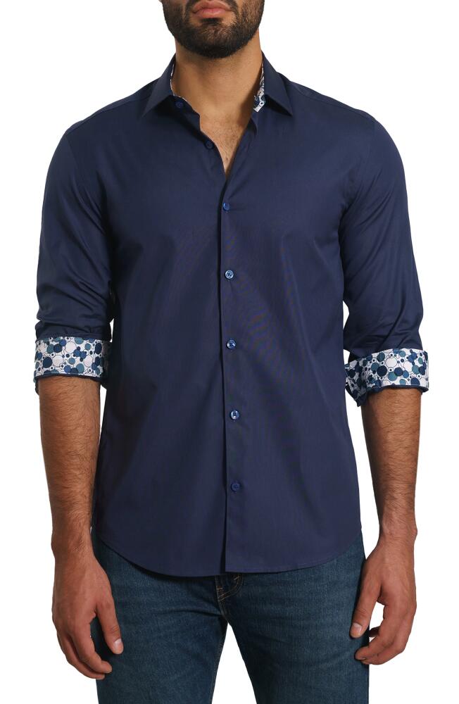 Jared Lang Trim Fit Tonal Print Cotton Button-Up Shirt in Dark Blue Cover