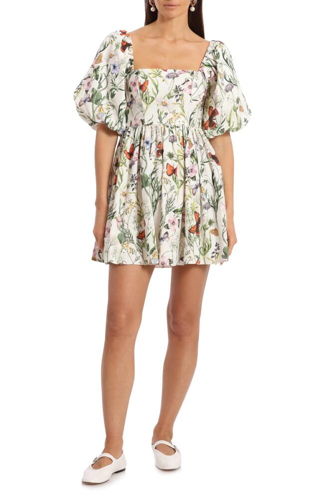 Avec Les Filles Floral Puff Sleeve Linen Blend Minidress in Butterfly Flower Cover